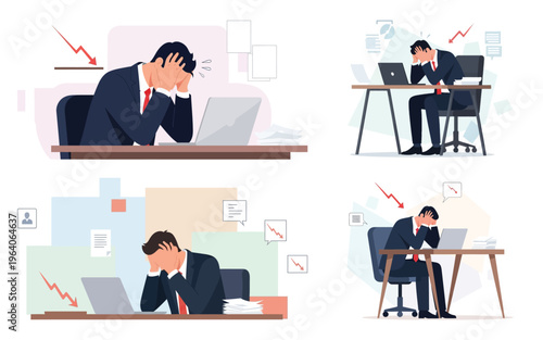 Stressed businessman with laptop feeling burnout and anxiety.