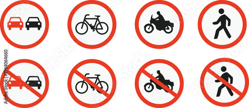 Set of regulatory traffic signs and red prohibition road icons isolated on white background