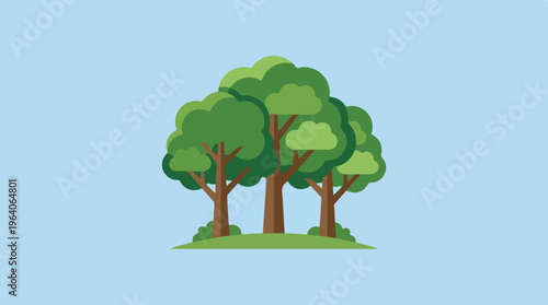 Three green trees standing together on a small grassy hill under a blue sky.