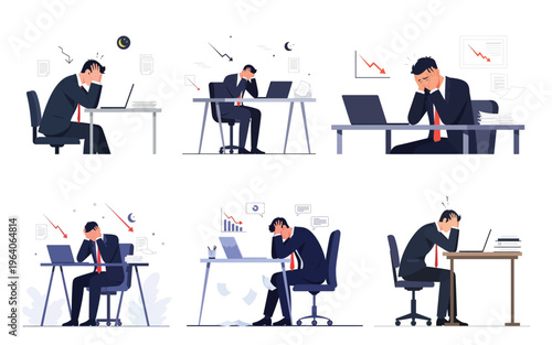 Stressed businessman at desk with laptop in despair.