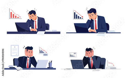 Stressed businessman at laptop with falling chart.