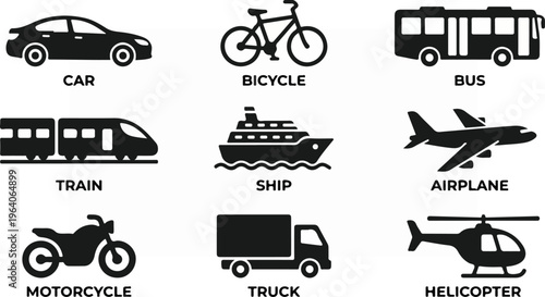 Various modes of transportation, including cars, bicycles, and airplanes, are shown.