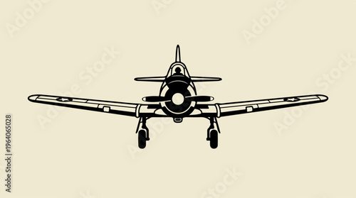 Vintage airplane silhouette front view on a light background.
