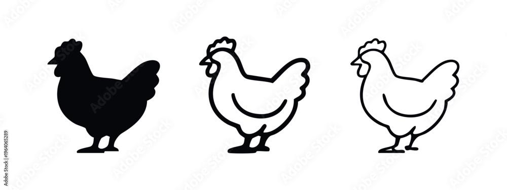 Fototapeta premium Chicken Hen Icon Set - Farm Fowl Silhouette and Outline Vector Graphics