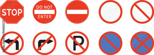 Set of regulatory traffic signs and red prohibition road icons isolated on white background