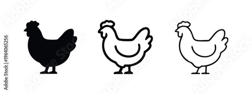Chicken Hen Icon Set - Farm Fowl Silhouette and Outline Vector Graphics