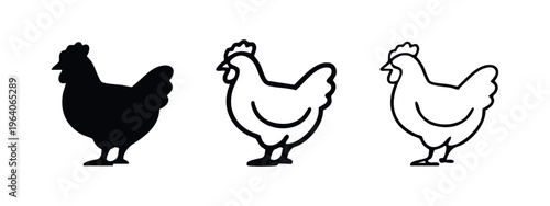 Chicken Hen Icon Set - Farm Fowl Silhouette and Outline Vector Graphics