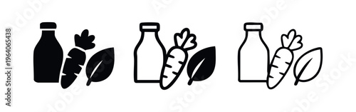 Healthy Fresh Food and Organic Nutrition Icon Set with Milk, Carrot and Leaf