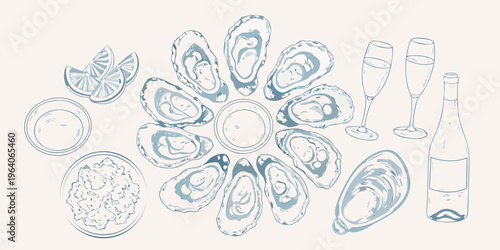Oysters champagne and citrus fruits in a delicate sketch silhouette