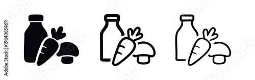 Fresh Organic Produce and Healthy Food Icon Set with Milk, Carrot and Mushroom