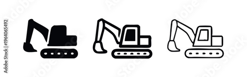 Excavator or digger machine icon set in solid, outline, and filled outline styles for construction and industrial projects