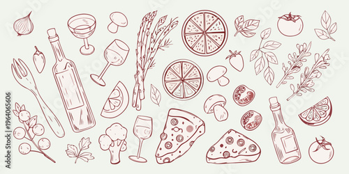 Sketch of culinary items including produce and beverages silhouette