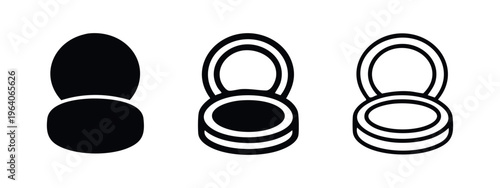 Closed compact powder icon set in solid, outline, and filled outline styles for makeup and beauty products