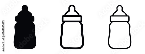 Baby milk feeding bottle icon set in solid, outline, and filled outline styles for infant care