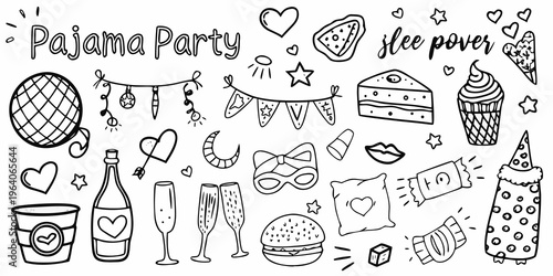 Whimsical pajama party doodles and treats in black and white silhouette