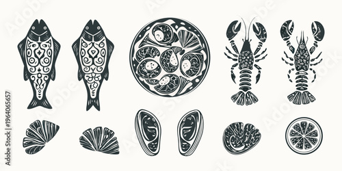 Vintage marine life illustrations with detailed patterns a striking silhouette