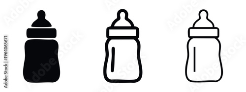 Baby milk feeding bottle icon set with measurement lines in solid, outline, and filled outline styles