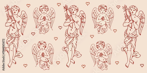 Vintage cherubic angels with musical instruments a romantic illustration silhouette