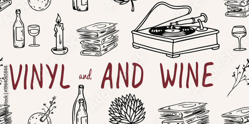Vintage vinyl records wine and floral elements in sketch silhouette