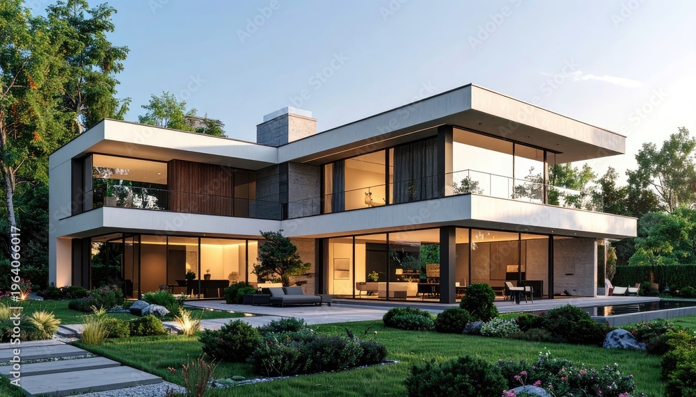 Fototapeta premium A luxurious modern villa with expansive glass windows and manicured landscaping.