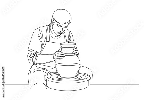 Male potter shaping clay pot on pottery wheel on minimalist background