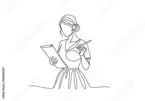 Female fashion designer sketching clothing design on minimalist background