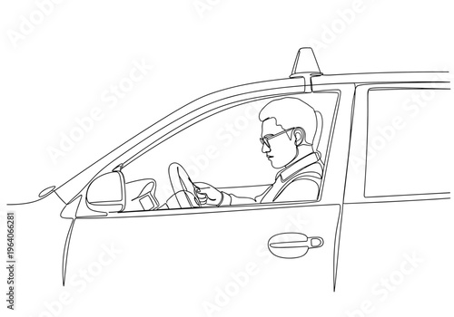 Male driver sitting in car driving on minimalist line background