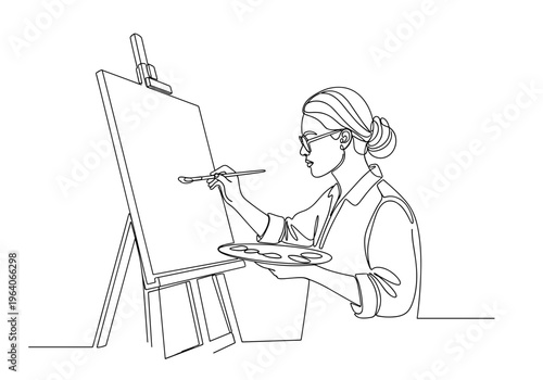 Female artist painting on canvas at easel on minimalist background