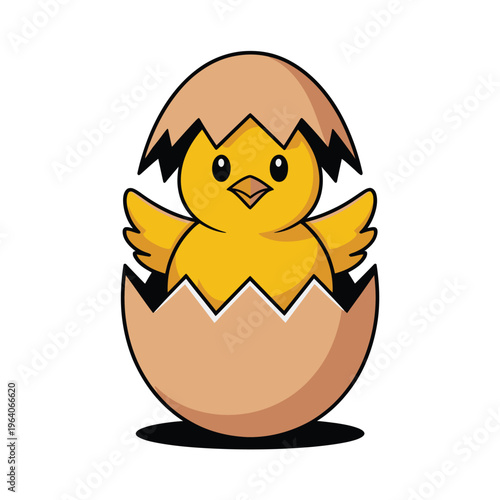 A cartoon chick hatches from a brown eggshell with excitement