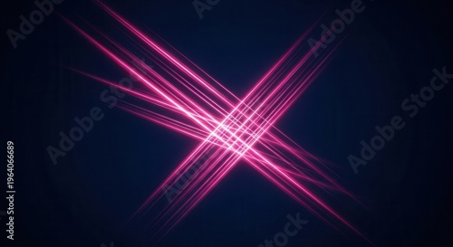 Luminous diagonal light streaks with smooth motion blur in vibrant pink crossing a dark blue minimal background on blacksolid background