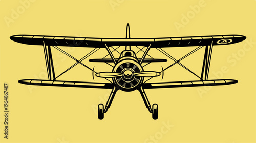 Vintage biplane illustration, front view, isolated on yellow background.