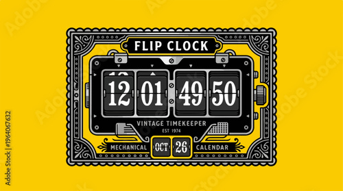 Vintage Flip Clock Displaying Time and Date on Yellow Background.