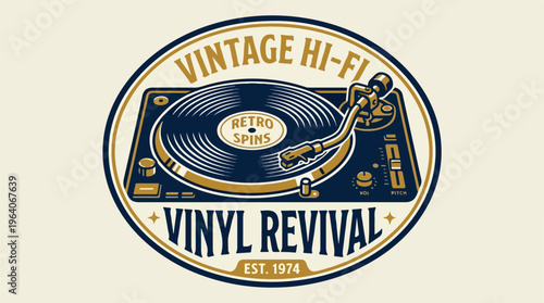 Vintage Hi-Fi Vinyl Revival Logo - Retro Record Player Design.