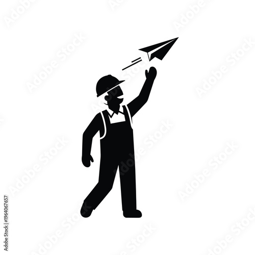 Construction Worker Launching Paper Airplane Silhouette.
