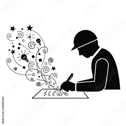 Creative engineer drawing innovative ideas on paper.