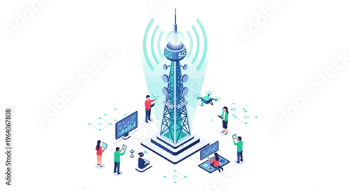 High speed 5G network telecommunication tower connecting people using tablets laptops drones and smart internet devices