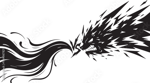 Aggressive monster silhouette vector illustration, wild beast exploding into energy line art