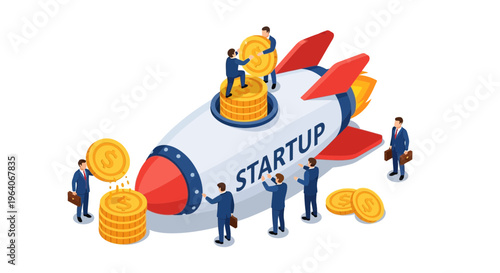Business team load gold coin to startup rocket for growth investment success fund launch goal plan work