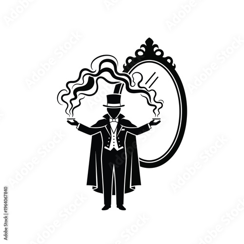 Magician performing magic trick with smoke and mirror.