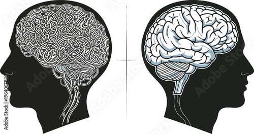 Vector illustration comparing a chaotic tangled mind with a clearly organized cerebral cortex in profile silhouettes