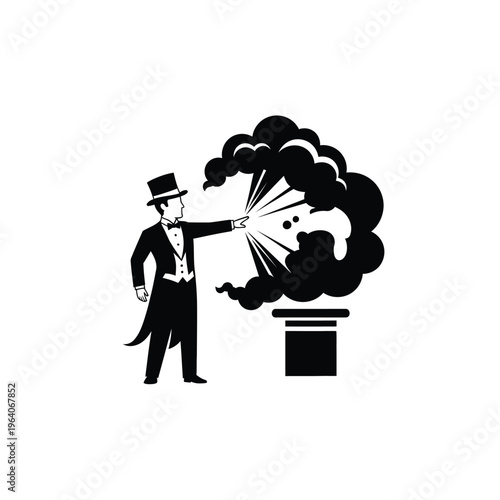 Magician Performing Magic Trick with Smoke and Top Hat.