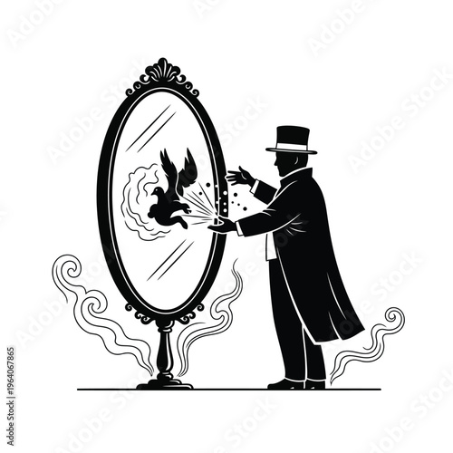Magician performing a magic trick with a mirror and a dove.