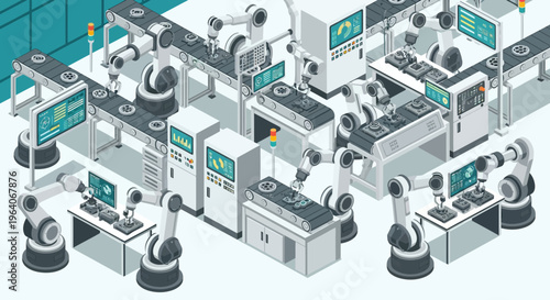 Robot factory arm line work smart tech digital industrial gear tool part system machine automation