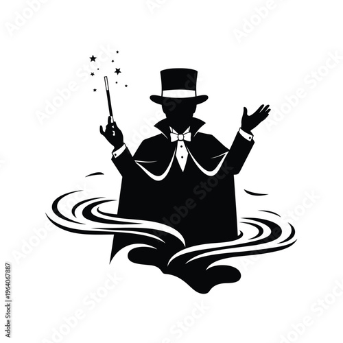Magician silhouette performing magic trick with wand and swirling smoke.