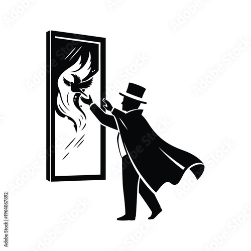 Magician pulling dove from mirror illusion.