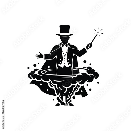 Magician with top hat and magic wand emerging from smoke.