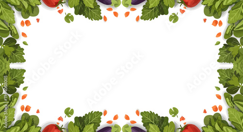 Fresh Vegetable Border Frame with Tomatoes, Eggplant, and Greens on White Background