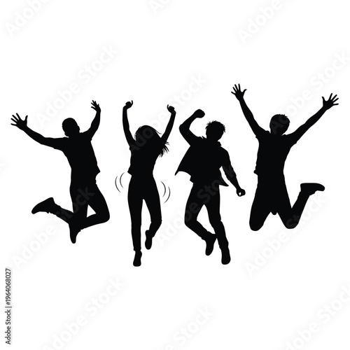 Silhouettes of four happy people jumping with joy.