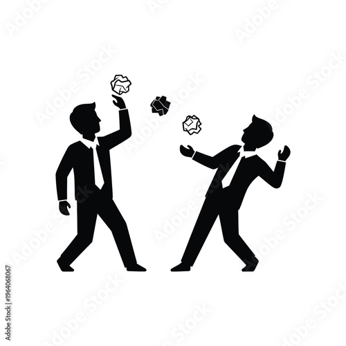 Two businessmen juggling crumpled paper balls, symbolizing multitasking and problem-solving in a corporate environment.