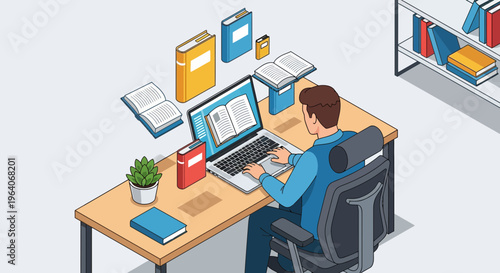 Student use a PC to learn and read books in a room at home for study